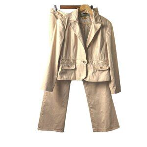 Allen B Schwartz ABS Tan Pin Striped Two Piece Blazer Suit Pant Set Size 14